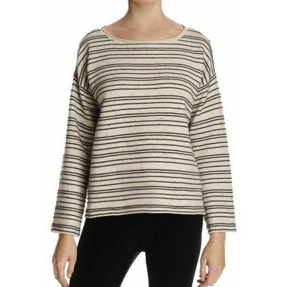 Eileen Fisher Womens Cotton Wool Pullover Sweater Large Beige Black Stripe Boxy - Picture 1 of 8
